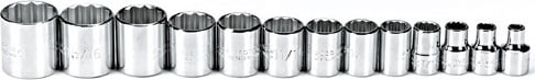 Proto J52124 - Socket, 3/8in Drive, TorquePlus, Fractional Sizes, Full Polish, 12 Point, 13 Piece Set