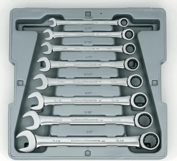 GEARWRENCH 9308D Ratcheting Combination Wrench Set, SAE, 72-Tooth, 12 Point, 8 Pieces, w/Tray