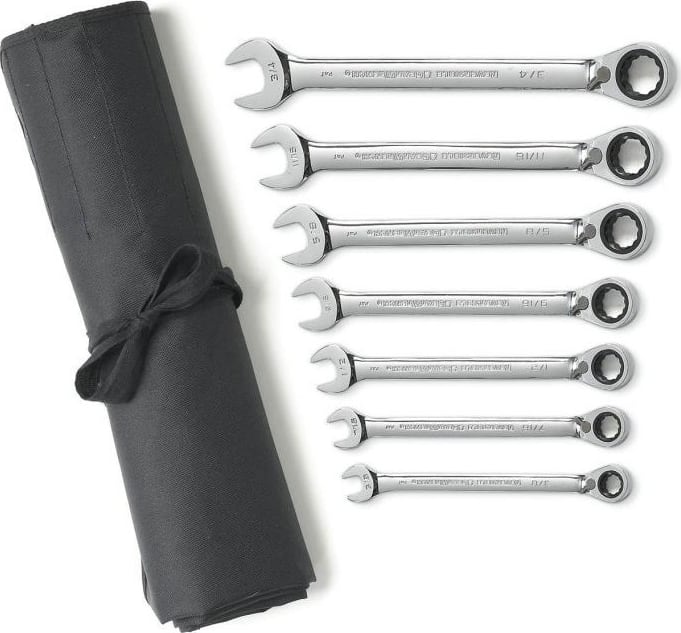 GEARWRENCH 9567RN - Wrench Set, 7-Pc, 72-Tooth, 12 Pt, Reverse Ratchet Combo, SAE, w/Tool Roll