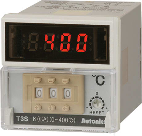 Autonics T3S-B4CJ4C-N Temperature Controller, 1/16 DIN, On/Off-Proportional, Current Output (4-20mA DC), J Thermocouple, 399 C, 100-240 VAC, New Type