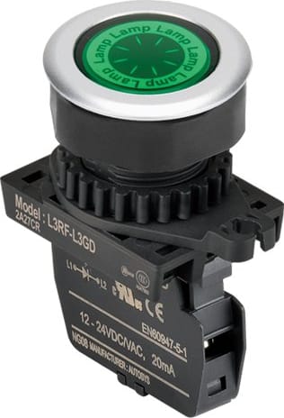Autonics L3RF-L3GDM - 30 mm Pilot Light, Green, Flat Head Round, LED 12-30VDC/AC