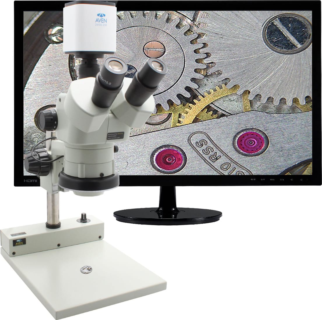 Aven Tools DSZV-44-258-512 - Stereo Zoom Trinocular Microscope DSZV-44 (10x - 44x) with Mighty Cam Pro on PLED Stand