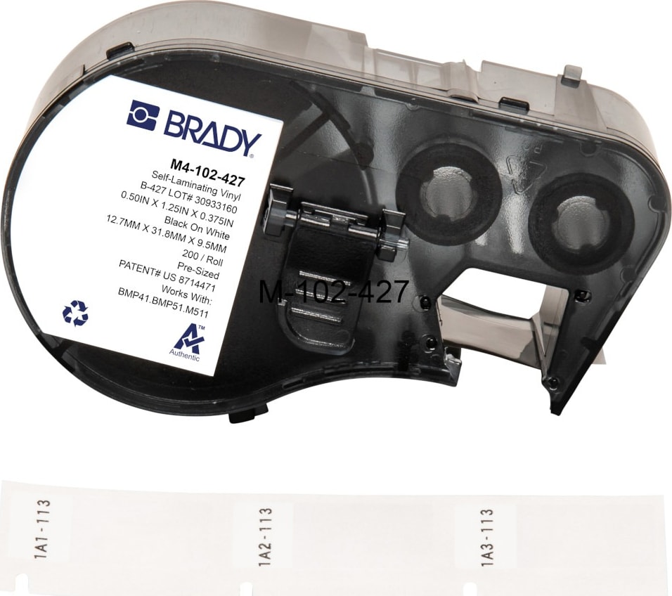 Brady M4-102-427 - Vinyl Labels, Wrap Around, BMP41 & M5 Printers, 1.25' H x 0.5' W, Black on White
