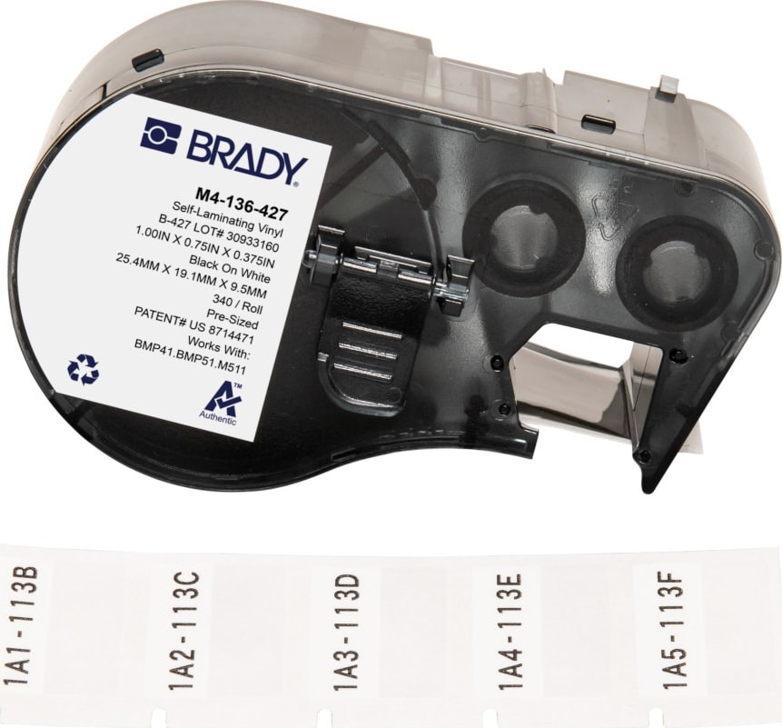 Brady M4-136-427 - Vinyl Labels, Wrap Around, for BMP41 & M5 Printers, 0.75' H x 1' W, Black on White