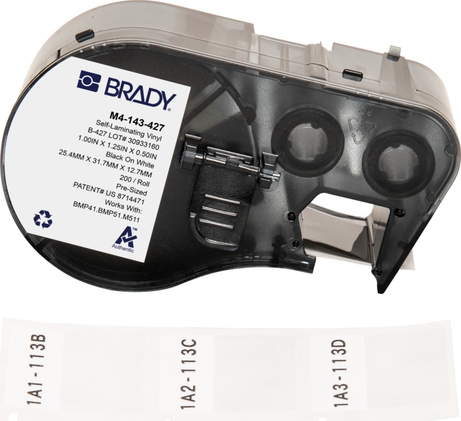Brady M4-143-427 - Vinyl Labels, Wrap Around, for BMP41 & M5 Printers, 1.25' H x 1' W, Black on White