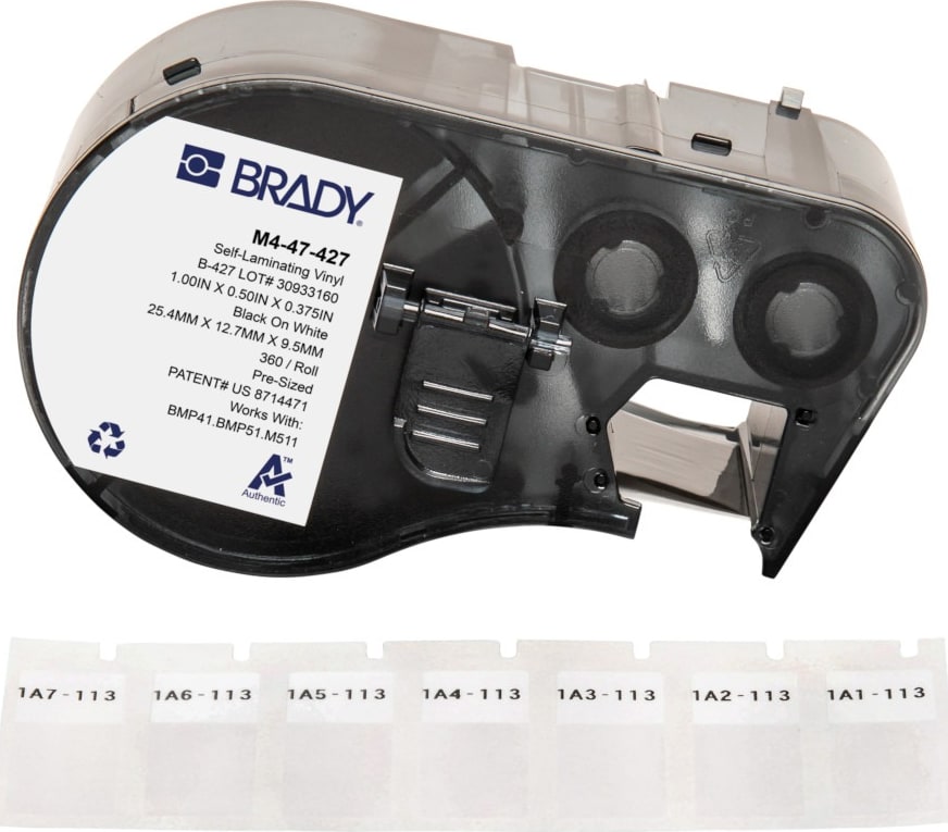 Brady M4-47-427 - Vinyl Labels, Wrap Around, for BMP41 & M5 Printers, 0.5' H x 1' W, Black on White