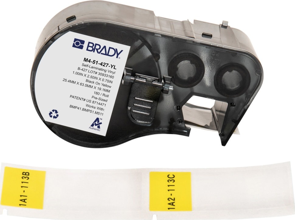 Brady M4-51-427-YL - Vinyl Labels, Wrap Around, BMP41 & M5 Printers, 2.5' H x 1' W, Black on Yellow