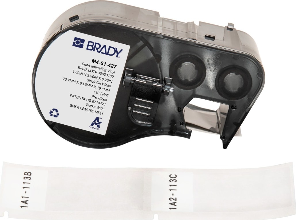 Brady M4-51-427 - Vinyl Labels, Wrap Around, for BMP41 & M5 Printers, 2.5' H x 1' W, Black on White