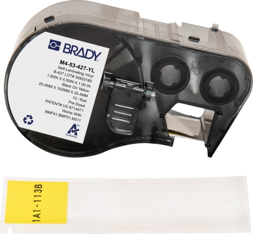 Brady M4-53-427-YL - Vinyl Labels, Wrap Around, for BMP41 & M5 Printers, 4' H x 1' W, Black on Yellow
