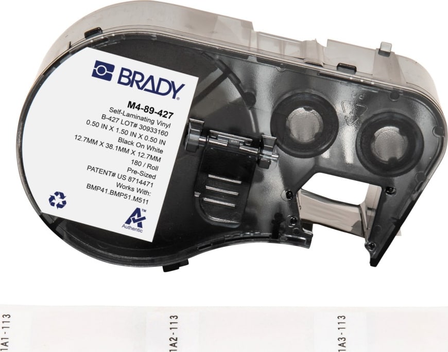 Brady M4-89-427 - Vinyl Labels, Wrap Around, for BMP41 & M5 Printers, 1.5' H x 0.5' W, Black on White