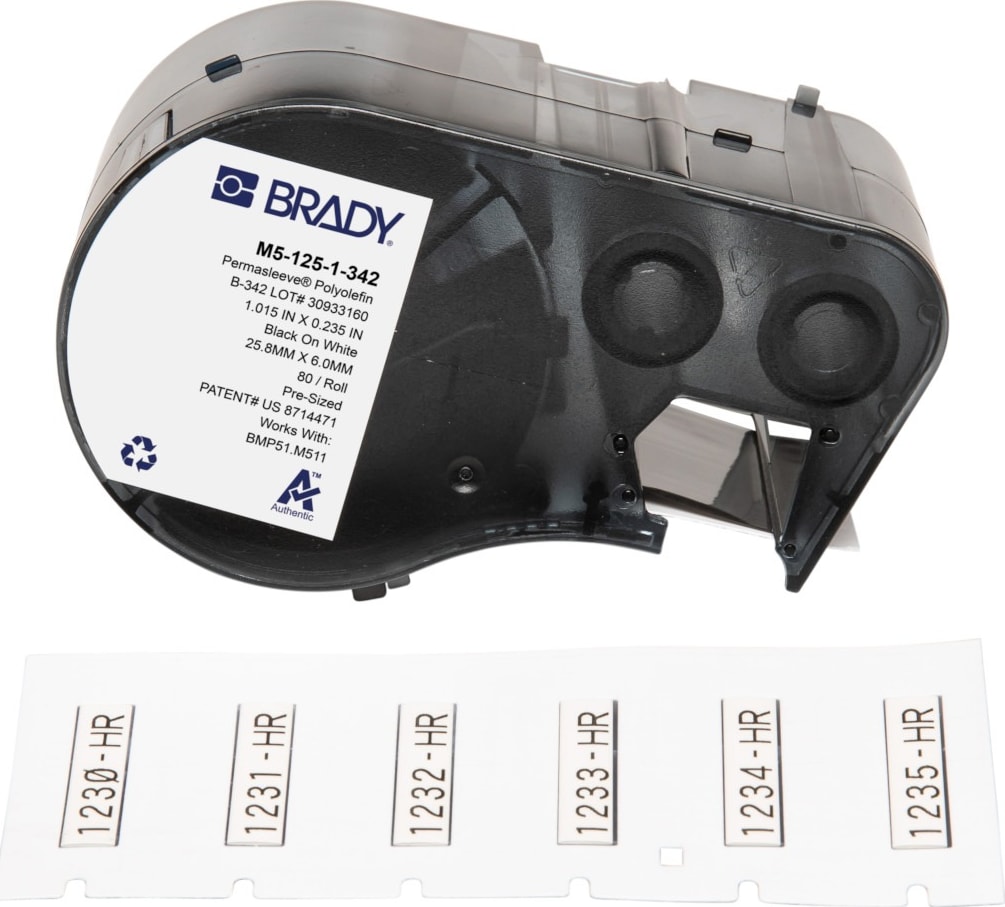 Brady M5-125-1-342 - Heat-Shrink Labels, for M5 Printers, .235x1', Black on White, PermaSleeve Series