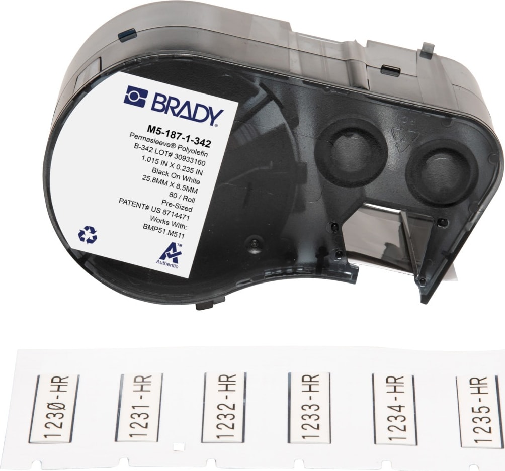 Brady M5-187-1-342 - Heat-Shrink Labels, for M5 Printers, .335x1', Black on White, PermaSleeve Series