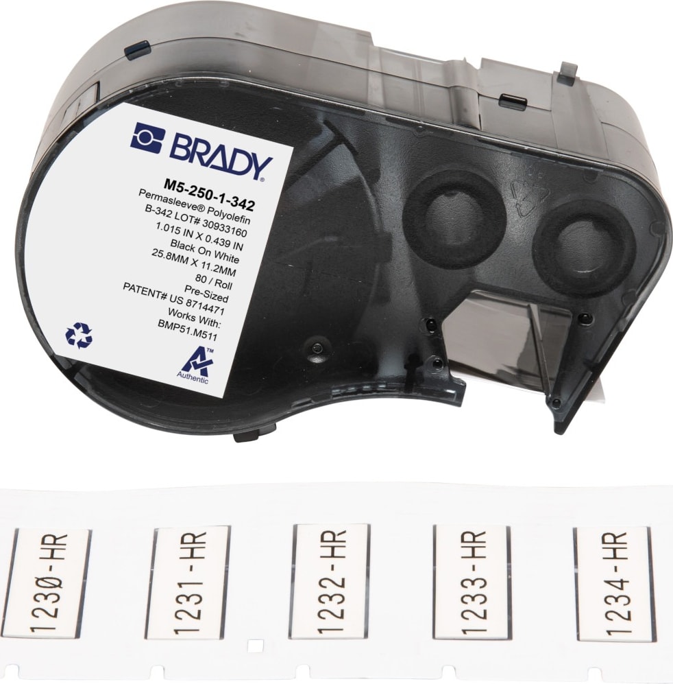 Brady M5-250-1-342 - Heat-Shrink Labels, for M5 Printers, .439x1', Black on White, PermaSleeve Series