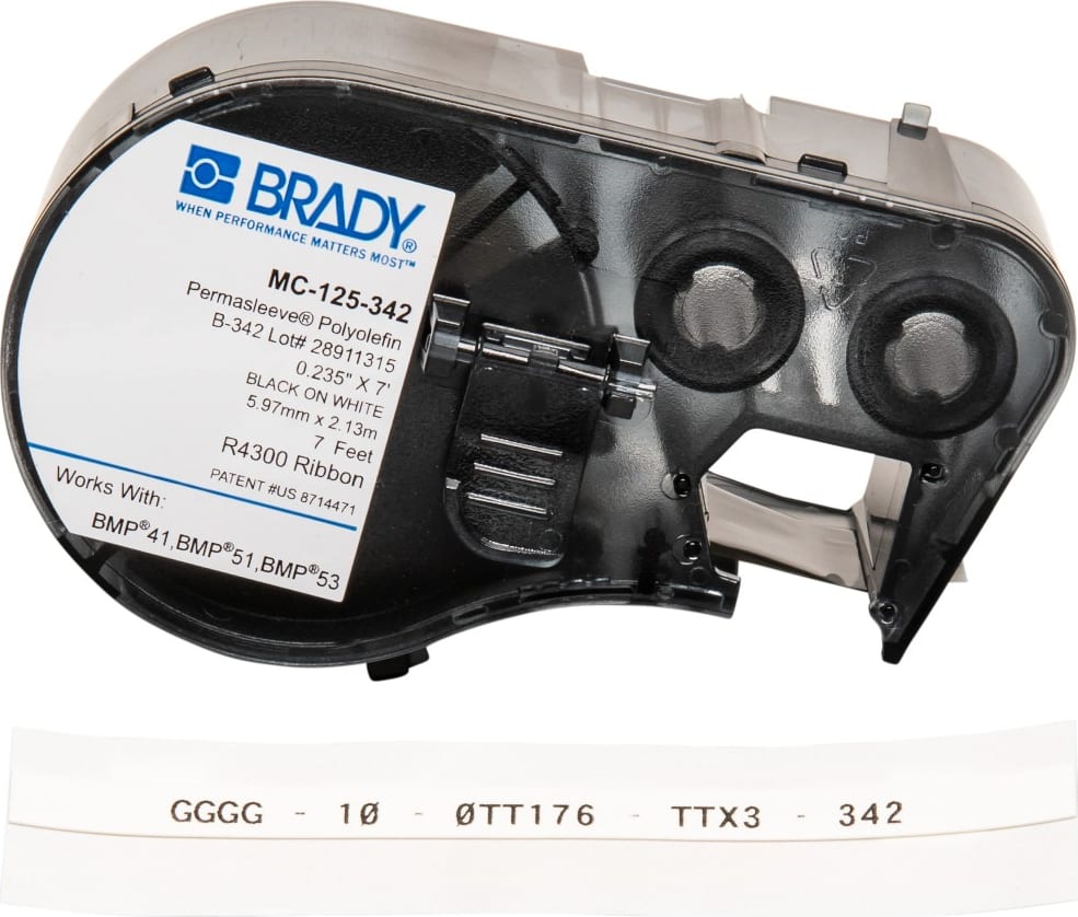 Brady MC-125-342 - PermaSleeve Heat Shrink Wire and Cable Labels w/Ribbon, 1/8' Dia, For BMP41 BMP51 - Black on White