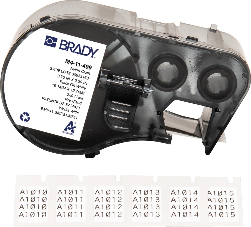 Brady M4-11-499 - Aggressive Adhesive Multi-Purpose Nylon Labels w/Ribbon, Black on White, 0.5' H x 0.75' W, 220 Labels/Cartridge