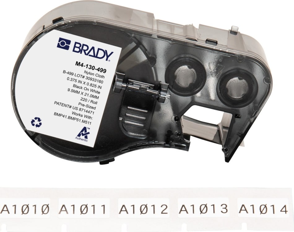 Brady M4-130-499 - Aggressive Adhesive Multi-Purpose Nylon Labels w/Ribbon, Black on White, 0.375' H x 0.825' W, 220 Labels/Cartridge