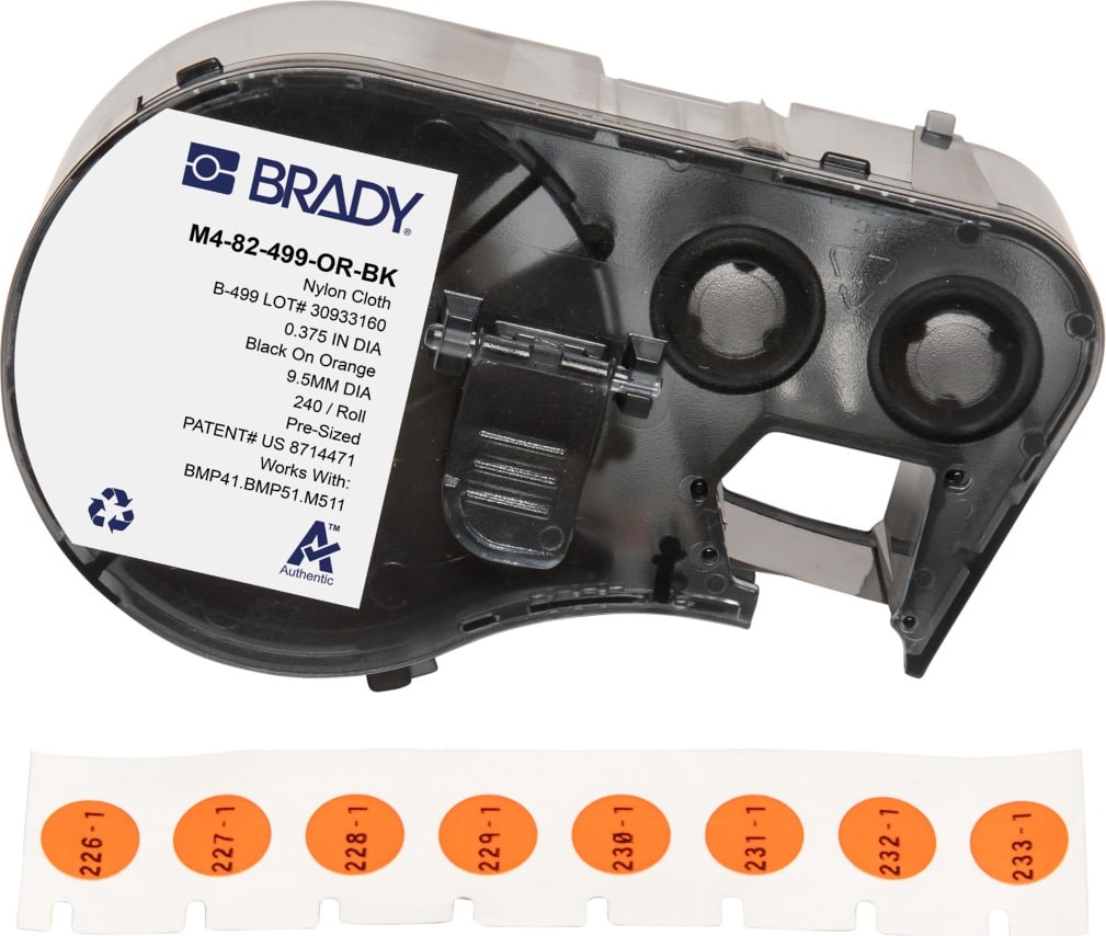 Brady M4-82-499-OR-BK - Aggressive Adhesive Multi-Purpose Nylon Vial and Tube Labels w/Ribbon, 0.375' Dia, Black on Orange