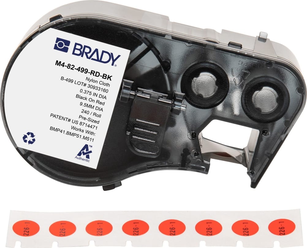 Brady M4-82-499-RD-BK - Aggressive Adhesive Multi-Purpose Nylon Vial and Tube Labels w/Ribbon, 0.375' Dia, Black on Red