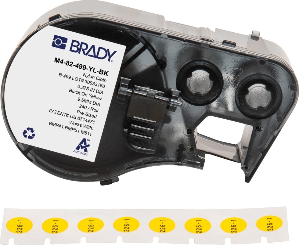Brady M4-82-499-YL-BK - Aggressive Adhesive Multi-Purpose Nylon Vial and Tube Labels w/Ribbon, 0.375' Dia, Black on Yellow