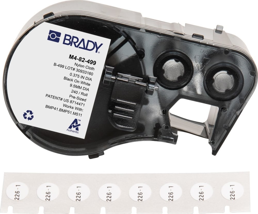 Brady M4-82-499 - Aggressive Adhesive Multi-Purpose Nylon Vial and Tube Labels w/Ribbon, 0.375' Dia, Black on White