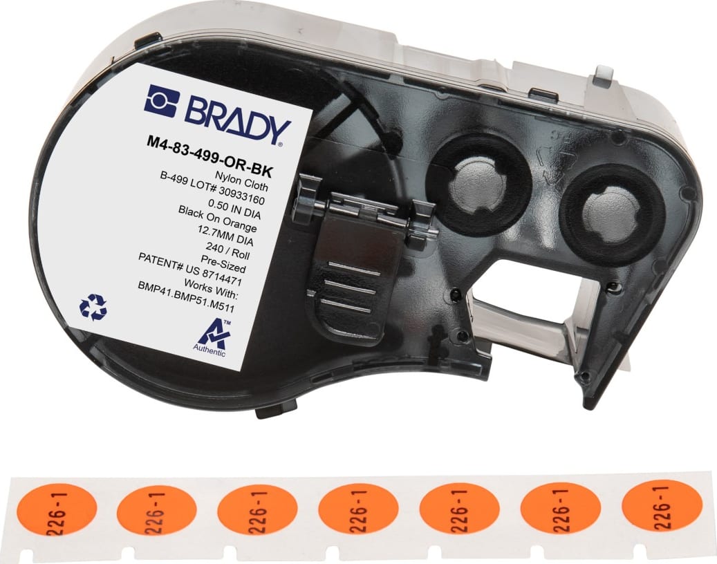 Brady M4-83-499-OR-BK - Aggressive Adhesive Multi-Purpose Nylon Vial and Tube Labels w/Ribbon, 0.5' Dia, Black on Orange