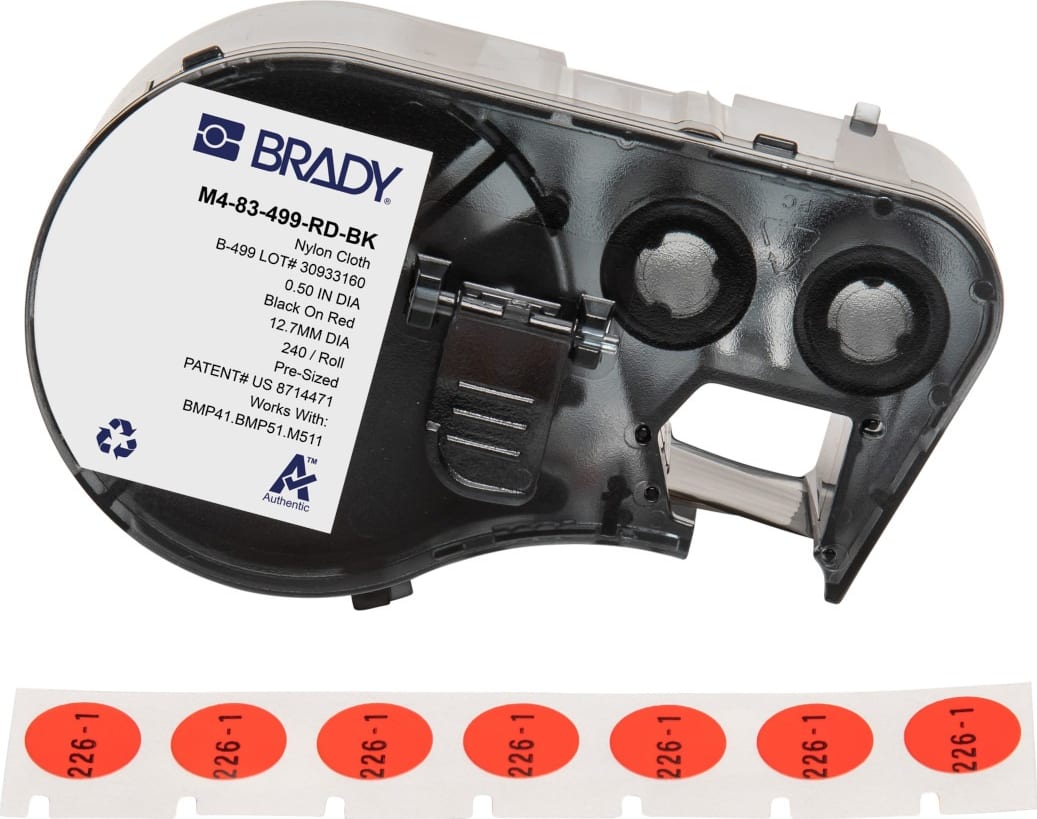 Brady M4-83-499-RD-BK - Aggressive Adhesive Multi-Purpose Nylon Vial and Tube Labels w/Ribbon, 0.5' Dia, Black on Red
