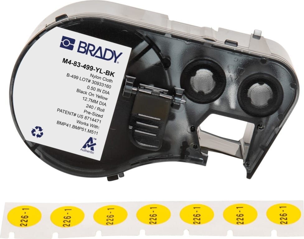 Brady M4-83-499-YL-BK - Aggressive Adhesive Multi-Purpose Nylon Vial and Tube Labels w/Ribbon, 0.5' Dia, Black on Yellow