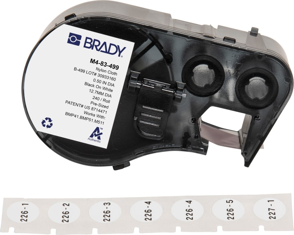 Brady M4-83-499 - Aggressive Adhesive Multi-Purpose Nylon Vial and Tube Labels w/Ribbon, 0.5' Dia, Black on White