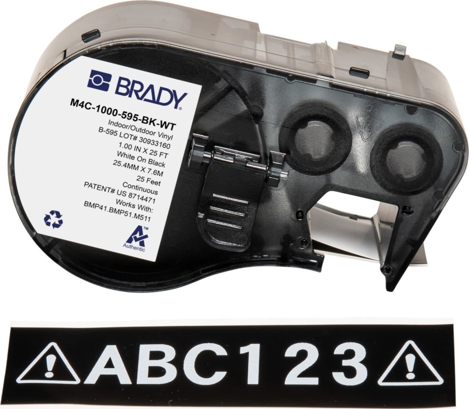 Brady M4C-1000-595-BK-WT - All Weather Permanent Adhesive Vinyl Label Tape w/Ribbon For BMP41 BMP51 M511 Printers, 1', White on Black
