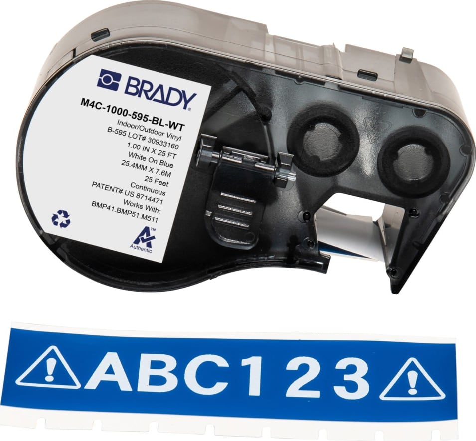 Brady M4C-1000-595-BL-WT - All Weather Permanent Adhesive Vinyl Label Tape w/Ribbon For BMP41 BMP51 M511 Printers, 1', White on Blue