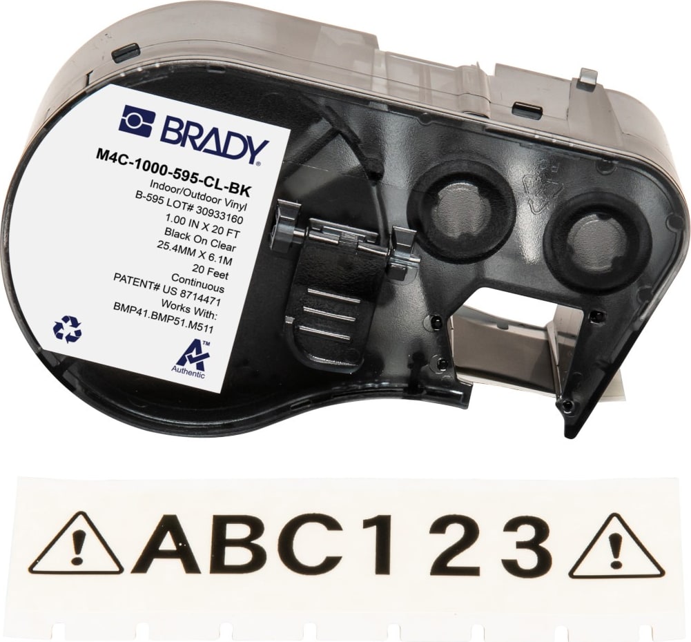 Brady M4C-1000-595-CL-BK - All Weather Permanent Adhesive Vinyl Label Tape w/Ribbon For BMP41 BMP51 M511 Printers, 1', Black on Clear