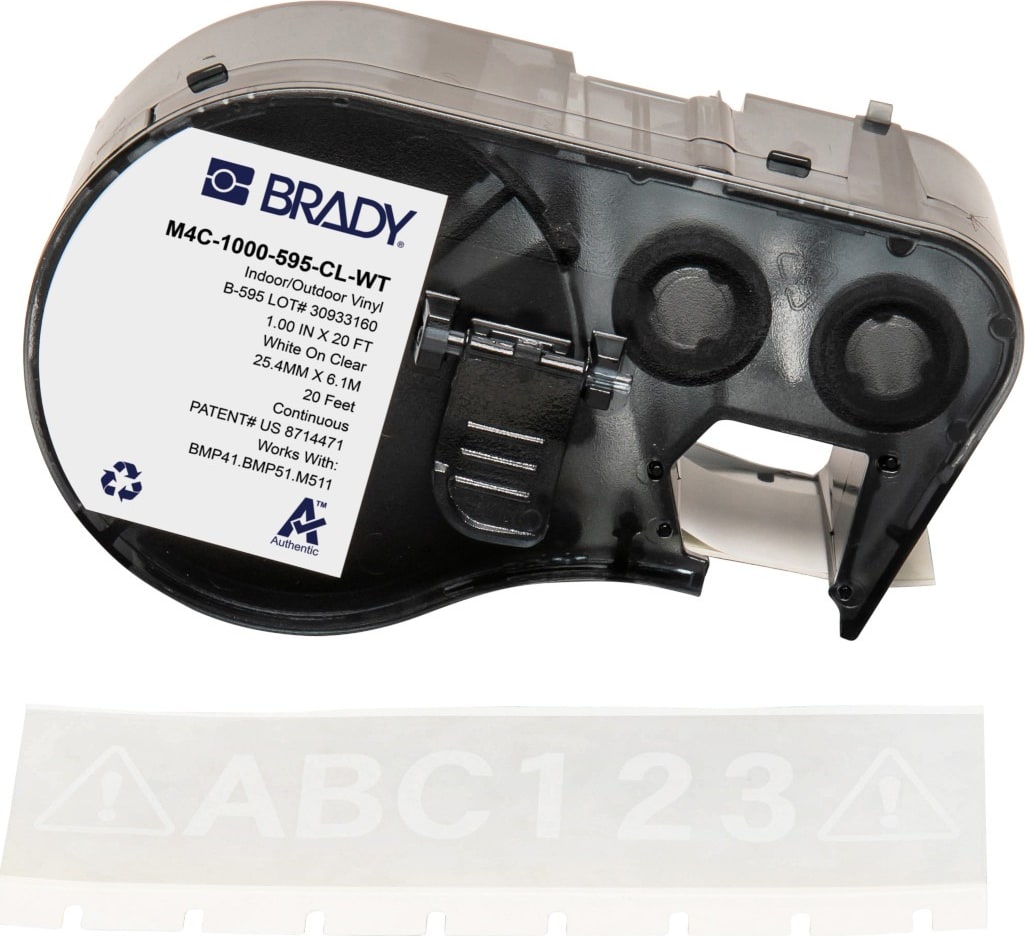 Brady M4C-1000-595-CL-WT - All Weather Permanent Adhesive Vinyl Label Tape w/Ribbon For BMP41 BMP51 M511 Printers, 1', White on Clear