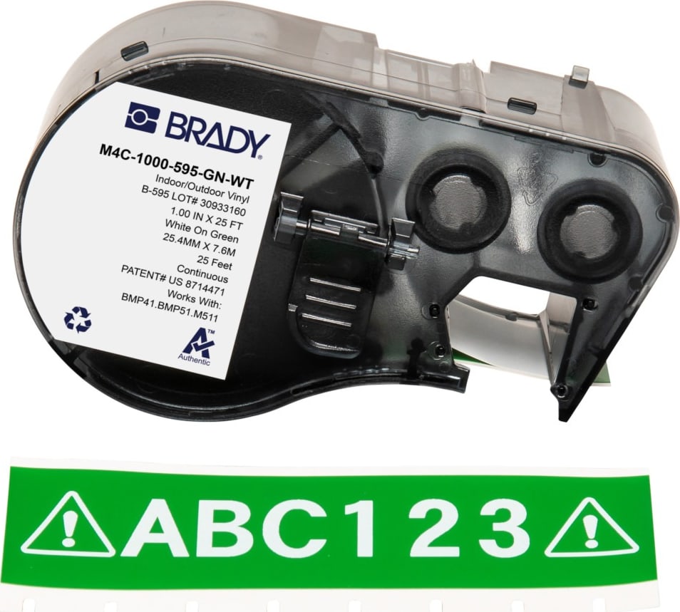 Brady M4C-1000-595-GN-WT - All Weather Permanent Adhesive Vinyl Label Tape w/Ribbon For BMP41 BMP51 M511 Printers, 1', White on Green