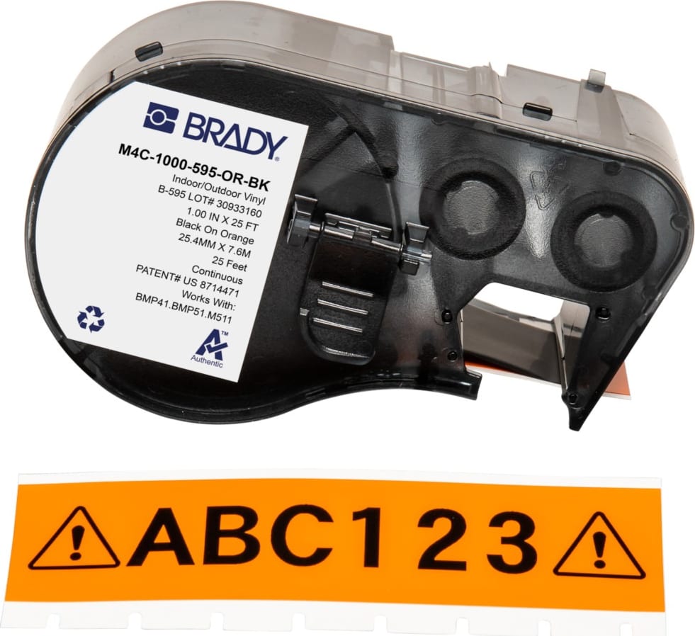 Brady M4C-1000-595-OR-BK - All Weather Permanent Adhesive Vinyl Label Tape w/Ribbon For BMP41 BMP51 M511 Printers, 1', Black on Orange