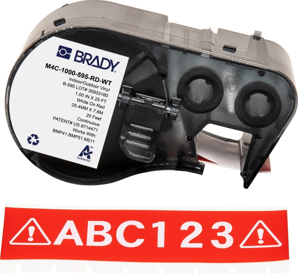 Brady M4C-1000-595-RD-WT - All Weather Permanent Adhesive Vinyl Label Tape w/Ribbon For BMP41 BMP51 M511 Printers, 1', White on Red