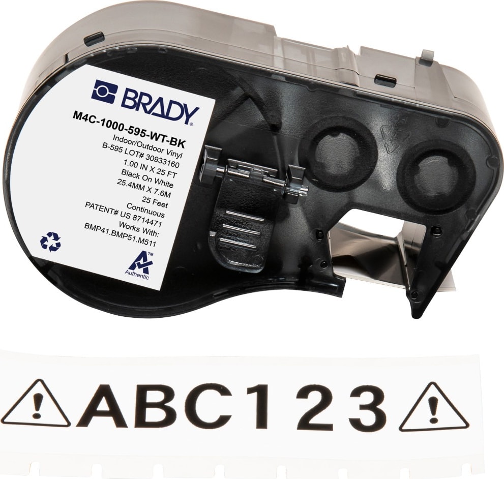 Brady M4C-1000-595-WT-BK - All Weather Permanent Adhesive Vinyl Label Tape w/Ribbon For BMP41 BMP51 M511 Printers, 1', Black on White