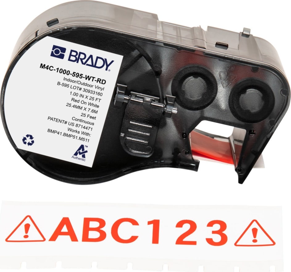Brady M4C-1000-595-WT-RD - All Weather Permanent Adhesive Vinyl Label Tape w/Ribbon For BMP41 BMP51 M511 Printers, 1', Red on White