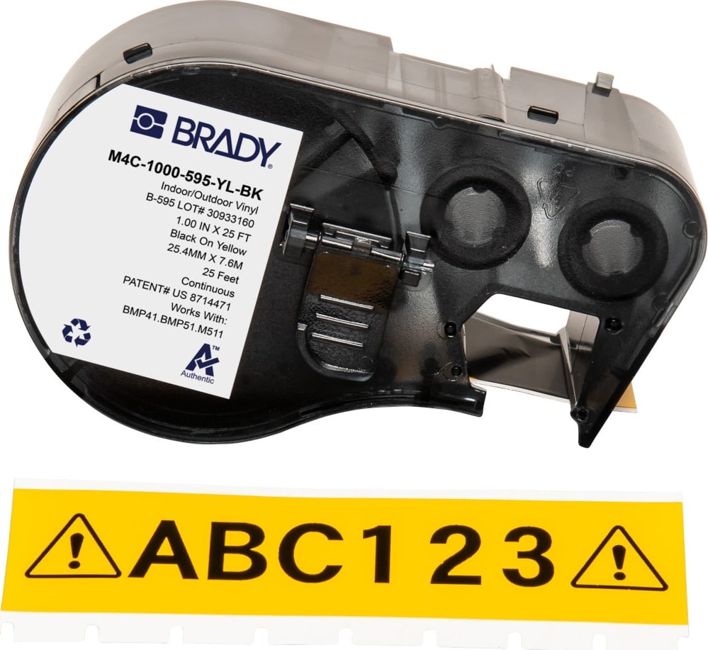 Brady M4C-1000-595-YL-BK - All Weather Permanent Adhesive Vinyl Label Tape w/Ribbon For BMP41 BMP51 M511 Printers, 1', Black on Yellow