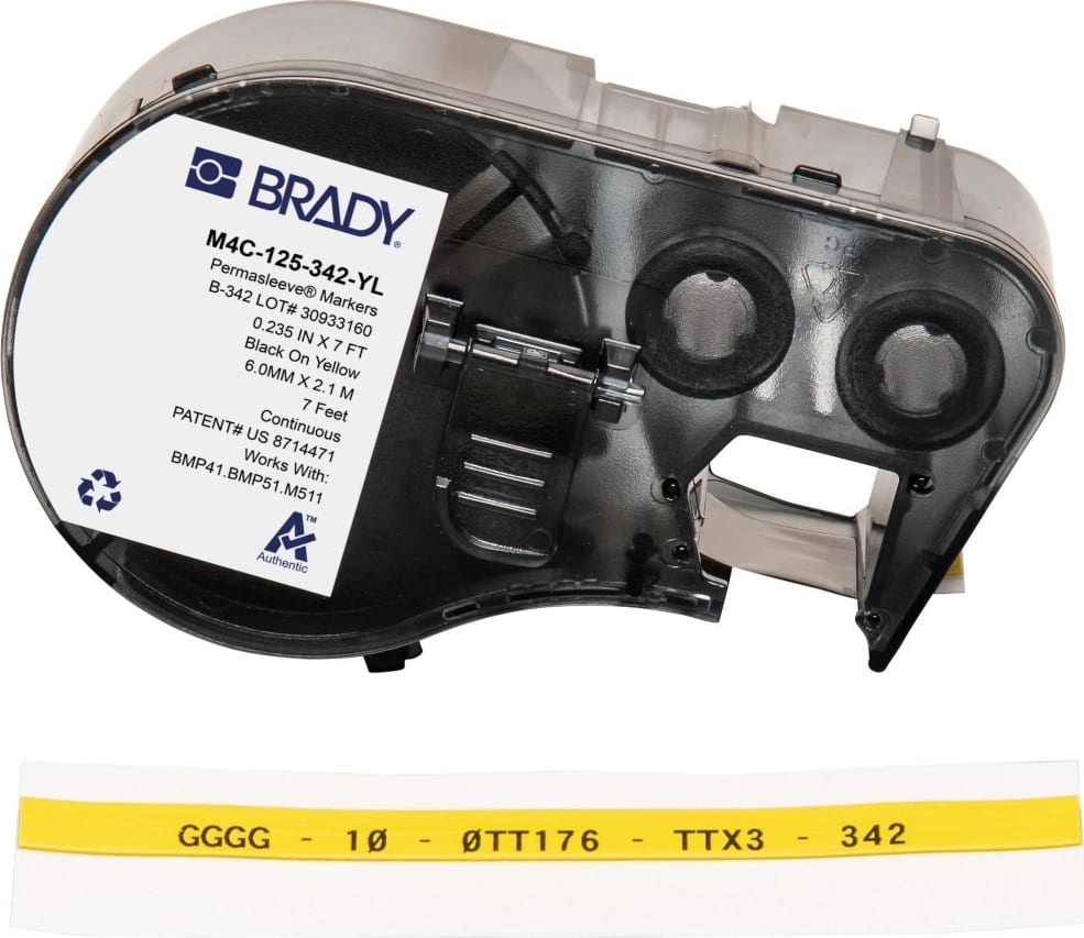 Brady M4C-125-342-YL - PermaSleeve Heat Shrink Labels w/Ribbon For BMP41 BMP51 M511 Printers, 0.125', Black on Yellow