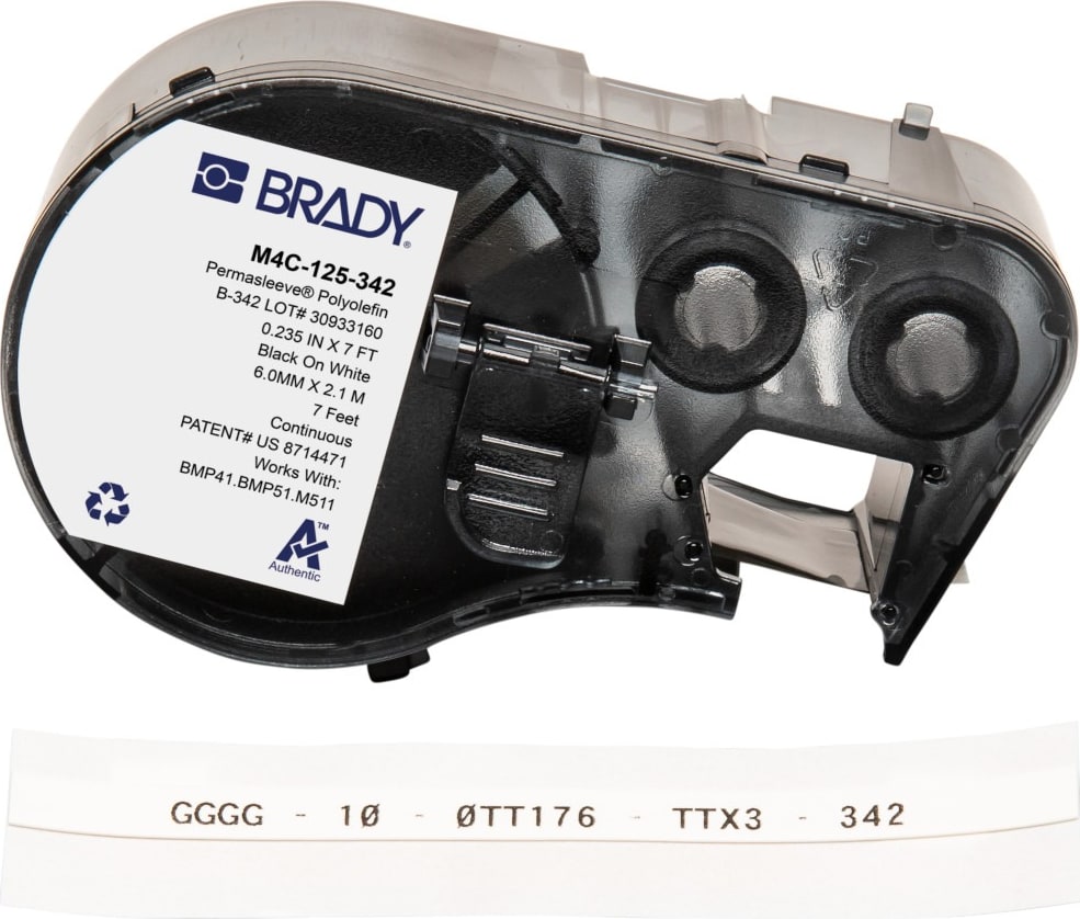 Brady M4C-125-342 - PermaSleeve Heat Shrink Labels w/Ribbon For BMP41 BMP51 M511 Printers, 0.125', Black on White