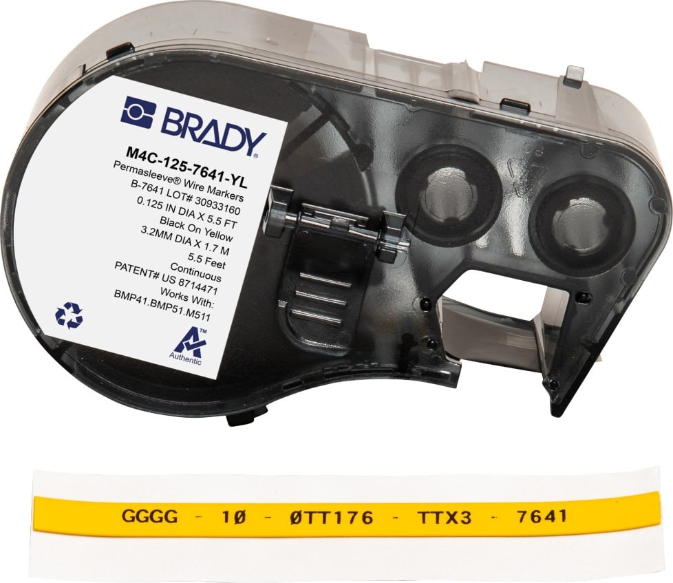Brady M4C-125-7641-YL - PermaSleeve Low Smoke Zero Halogen Heat Shrink Labels w/Ribbon For BMP41 BMP51 M511 Printers, 0.125', Black on Yellow