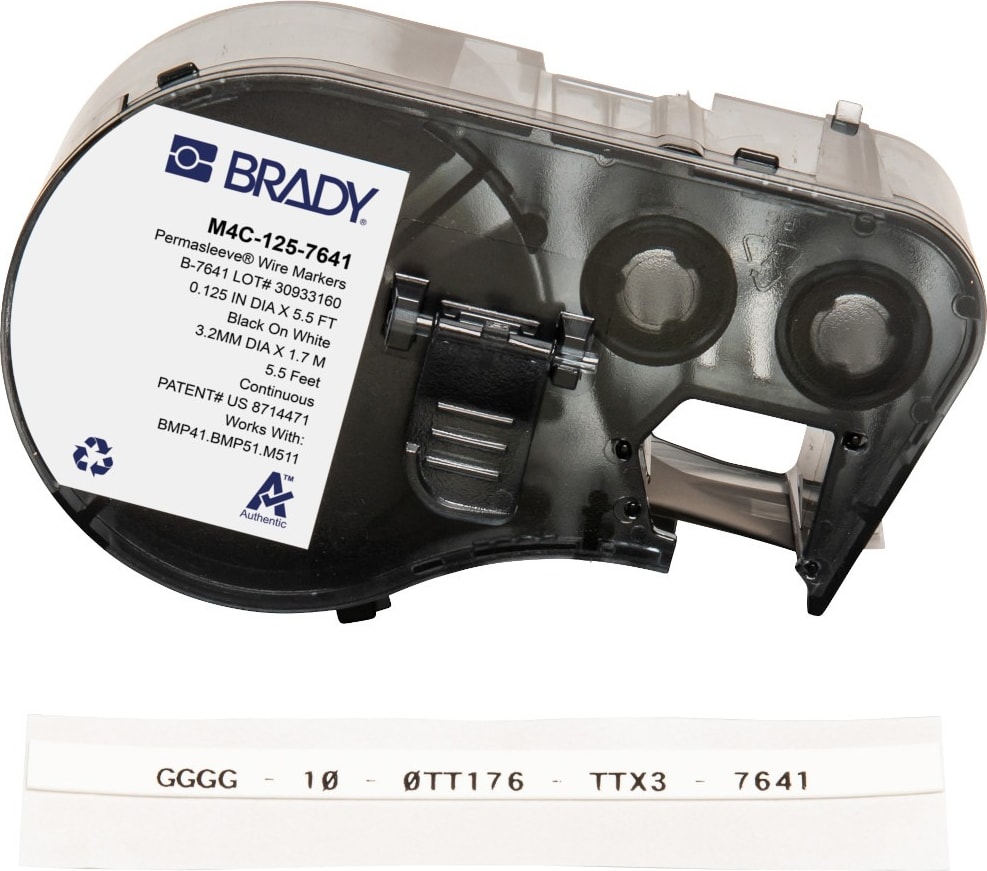 Brady M4C-125-7641 - PermaSleeve Low Smoke Zero Halogen Heat Shrink Labels w/Ribbon For BMP41 BMP51 M511 Printers, 0.125', Black On White