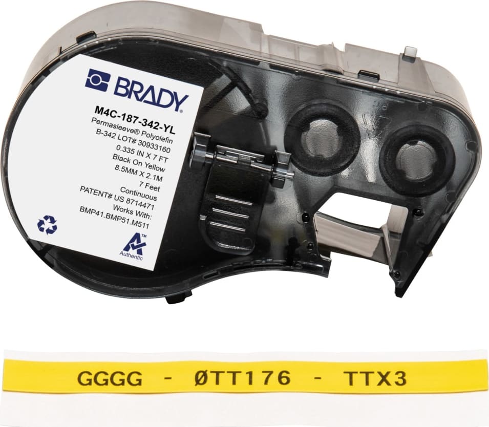 Brady M4C-187-342-YL - PermaSleeve Heat Shrink Labels w/Ribbon For BMP41 BMP51 M511 Printers, 0.187', Black on Yellow