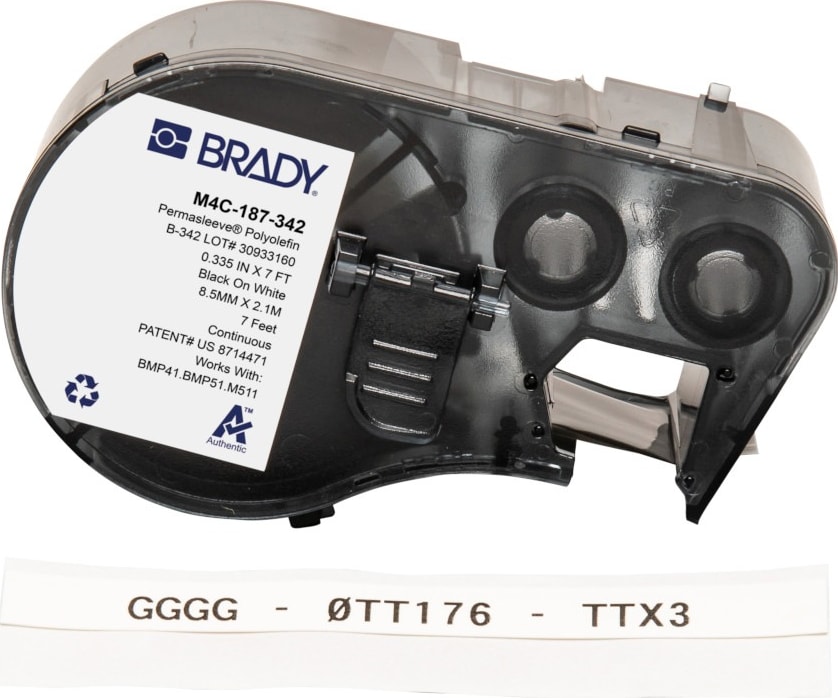 Brady M4C-187-342 - PermaSleeve Heat Shrink Labels w/Ribbon For BMP41 BMP51 M511 Printers, 0.187', Black On White