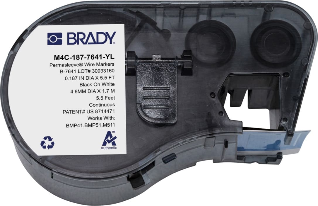 Brady M4C-187-7641-YL - PermaSleeve Low Smoke Zero Halogen Heat Shrink Labels w/Ribbon For BMP41 BMP51 M511 Printers, 0.187', Black On Yellow