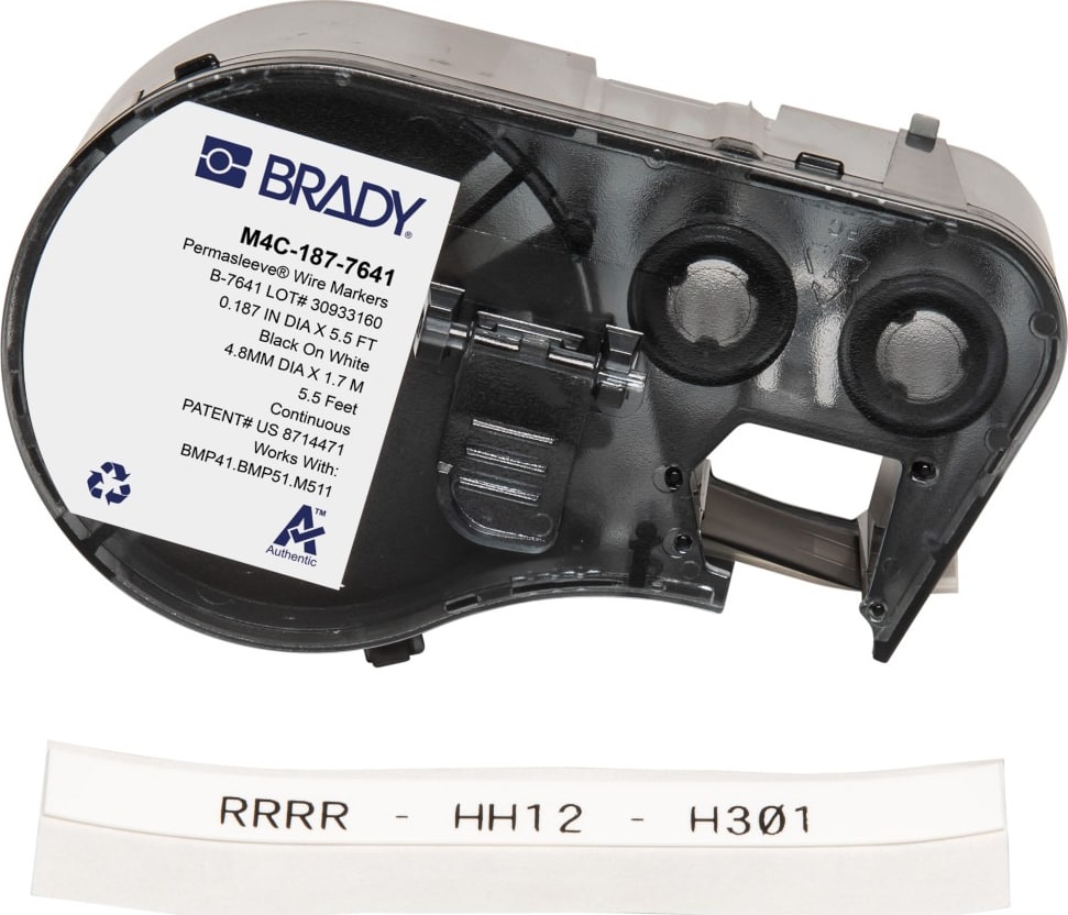 Brady M4C-187-7641 - PermaSleeve Low Smoke Zero Halogen Heat Shrink Labels w/Ribbon For BMP41 BMP51 M511 Printers, 0.187', Black On White
