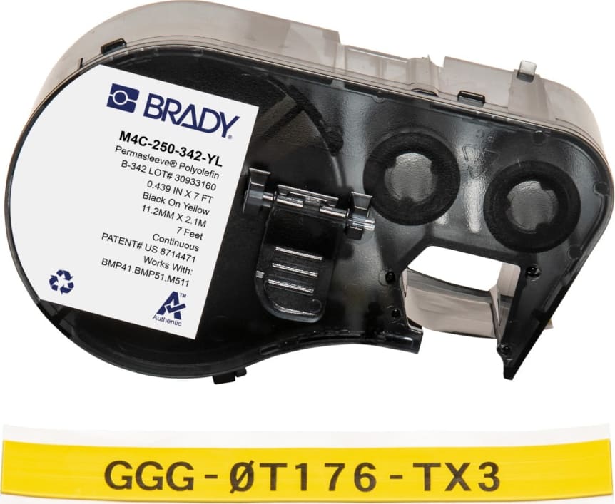 Brady M4C-250-342-YL - PermaSleeve Heat Shrink Labels w/Ribbon For BMP41 BMP51 M511 Printers, 0.25', Black On Yellow