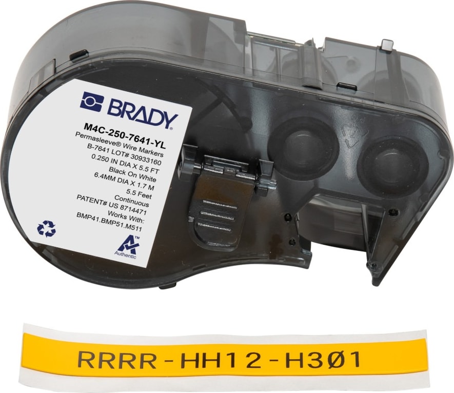 Brady M4C-250-7641-YL - PermaSleeve Low Smoke Zero Halogen Heat Shrink Labels w/Ribbon For BMP41 BMP51 M511 Printers, 0.25', Black On Yellow
