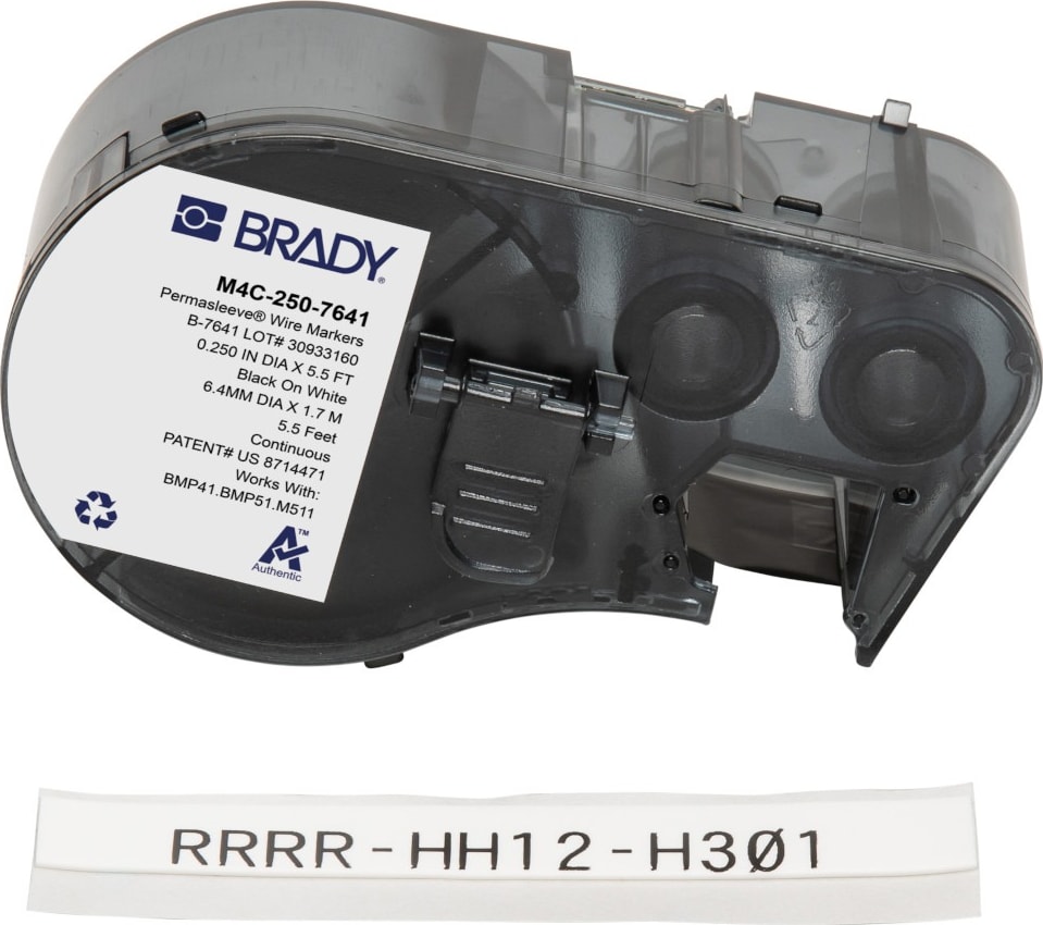 Brady M4C-250-7641 - PermaSleeve Low Smoke Zero Halogen Heat Shrink Labels w/Ribbon For BMP41 BMP51 M511 Printers, 0.25', Black On White
