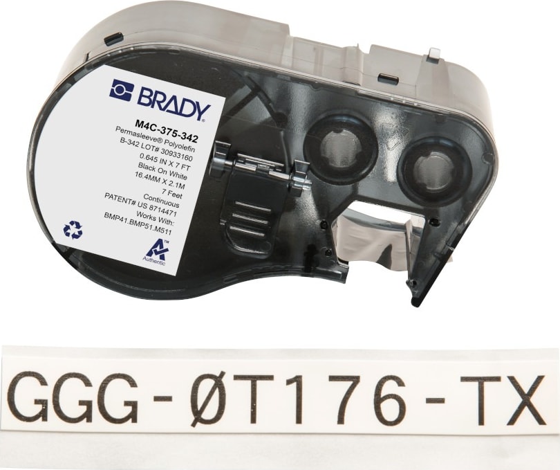 Brady M4C-375-342 - PermaSleeve Heat Shrink Labels w/Ribbon For BMP41 BMP51 M511 Printers, 0.375', Black On White